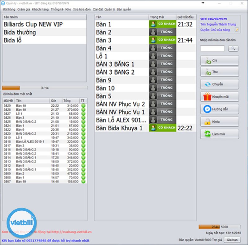 Phần mềm tính tiền quán bia - Tách – gộp hóa đơn & khuyến mãi